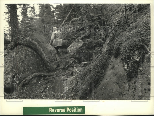 1989 Press Photo Ranger Chris Barns hikes at the Isle Royale National Park - Historic Images