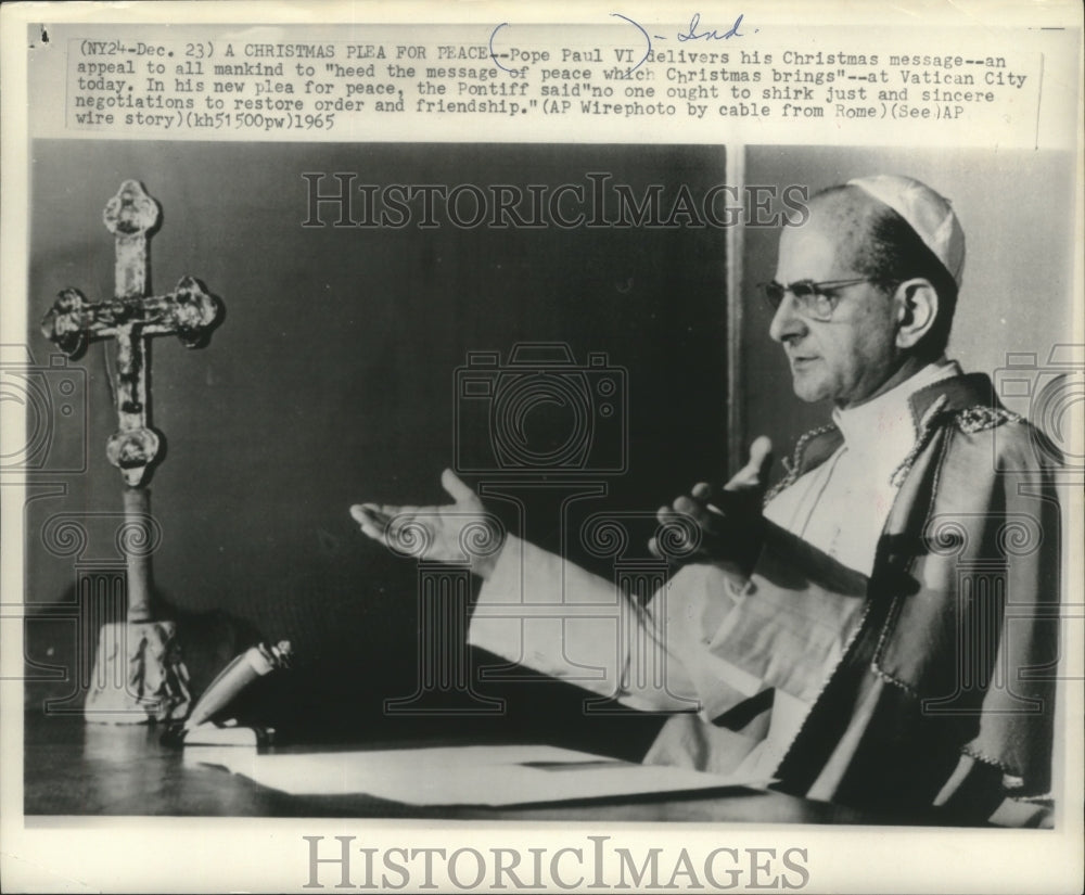 1965 Press Photo Pope Paul VI Christmas plea for peace at Vatican City - Historic Images