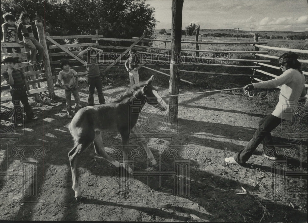 1976 Press Photo Indian children watch a young Crow work with a colt to break it - Historic Images