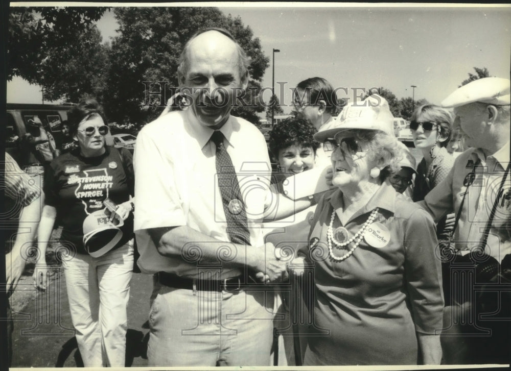 1986 Press Photo Adlai E. Stevenson shakes hands, Illinois State Fair-Historic Images