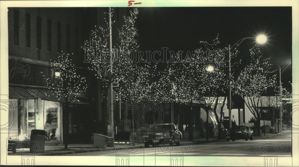 1987 Press Photo New holiday tree lights in Shorewood along N. Oakland Avenue - Historic Images
