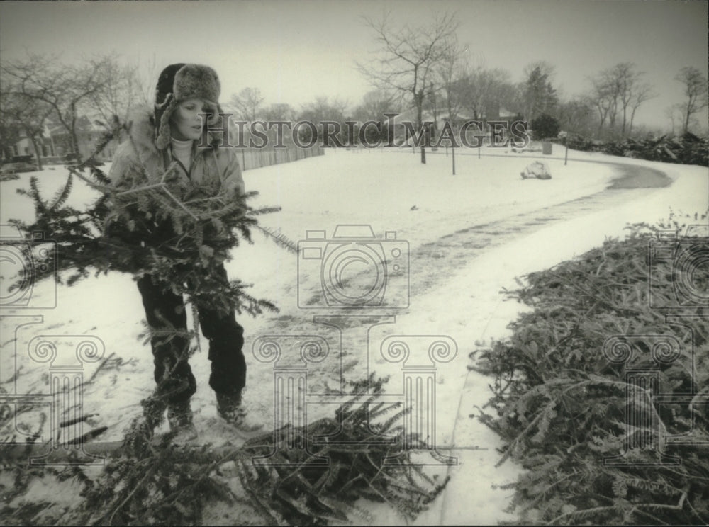 1995 Woman uses tree limbs to cover flower beds during winter. - Historic Images