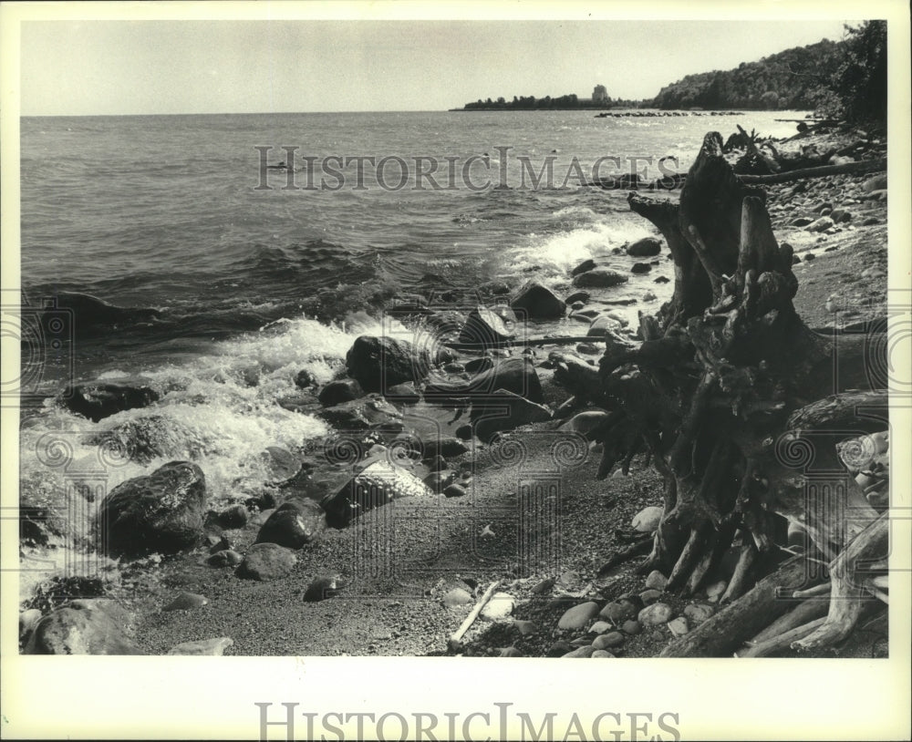 1981 Press Photo Waves washing rock-lined shoreline, Shorewood&#39;s nature preserve - Historic Images