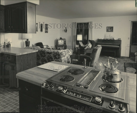 1984 Press Photo Elmer Schmitz relaxes in the living area of solar energy home - Historic Images