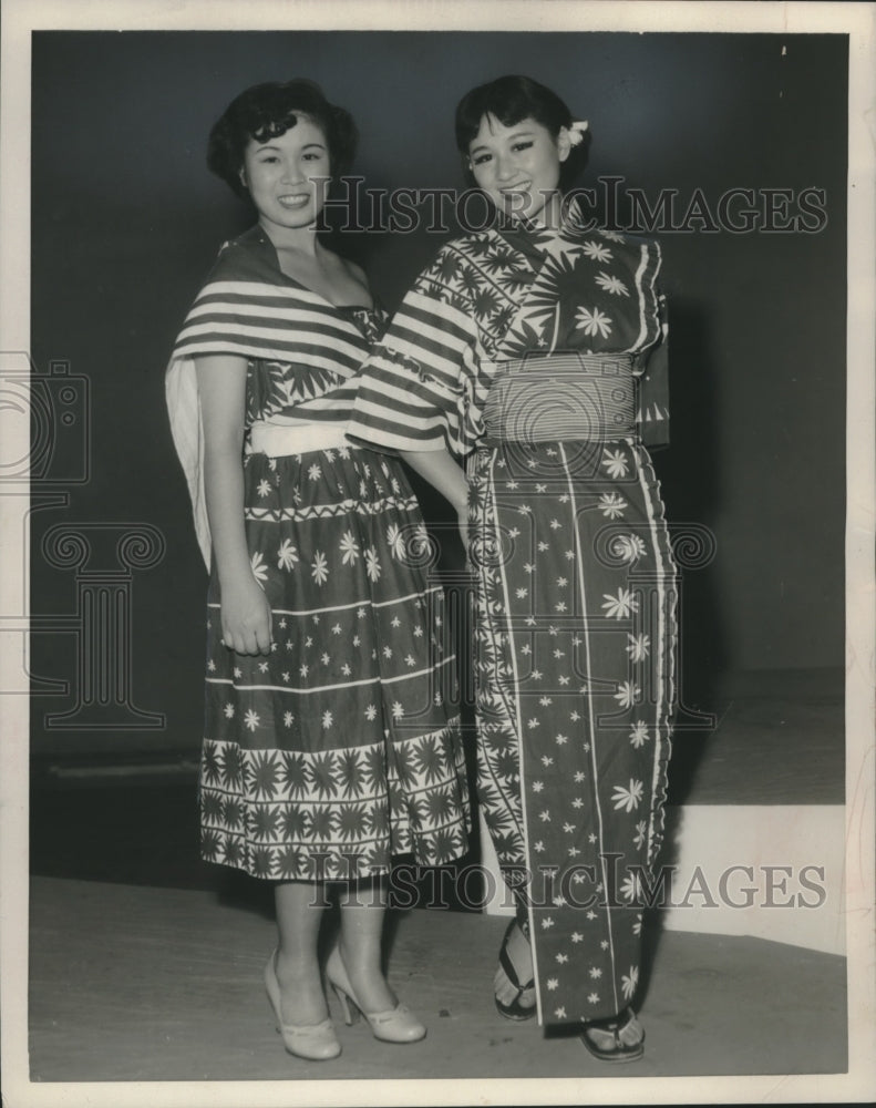 1952 Press Photo Two women modeling fashion Tokyo, Japan - mjb98542- Historic Images