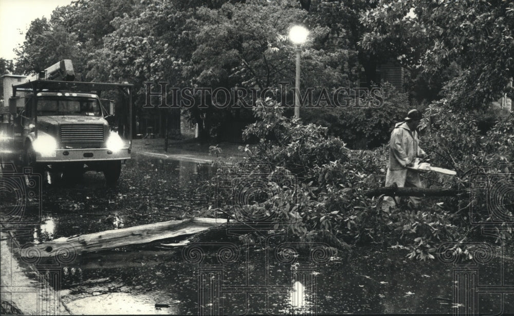 1992 Press Photo Whitefish Bay worker cuts up a downed tree from severe storms - Historic Images