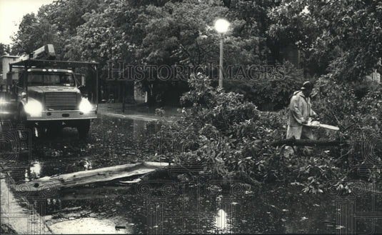 1992 Press Photo Whitefish Bay worker cuts up a downed tree from severe storms - Historic Images