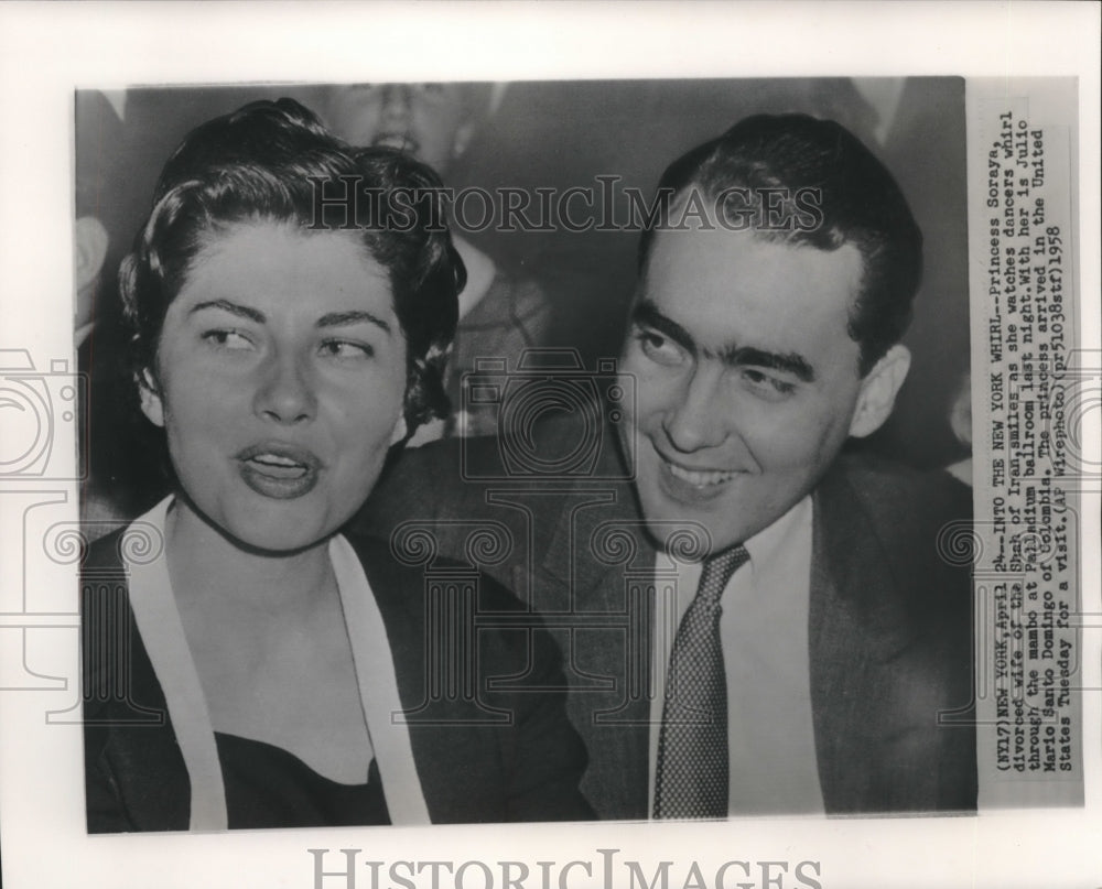 1958 Press Photo Princess Soraya of Iran with Julio Mario Santo Domingo New York-Historic Images
