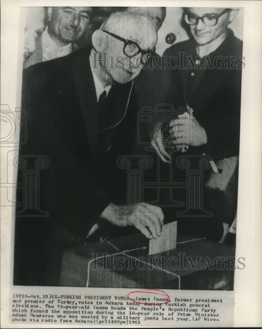 1961, Ismet Inonu, past president of Turkey, votes in Ankara today - Historic Images