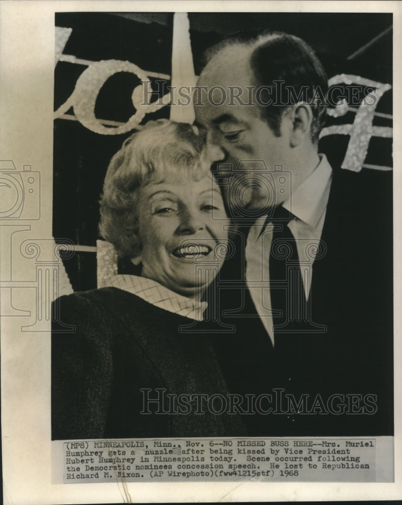 1968, Muriel Humphrey gets kiss from Hubert Humphrey after election - Historic Images