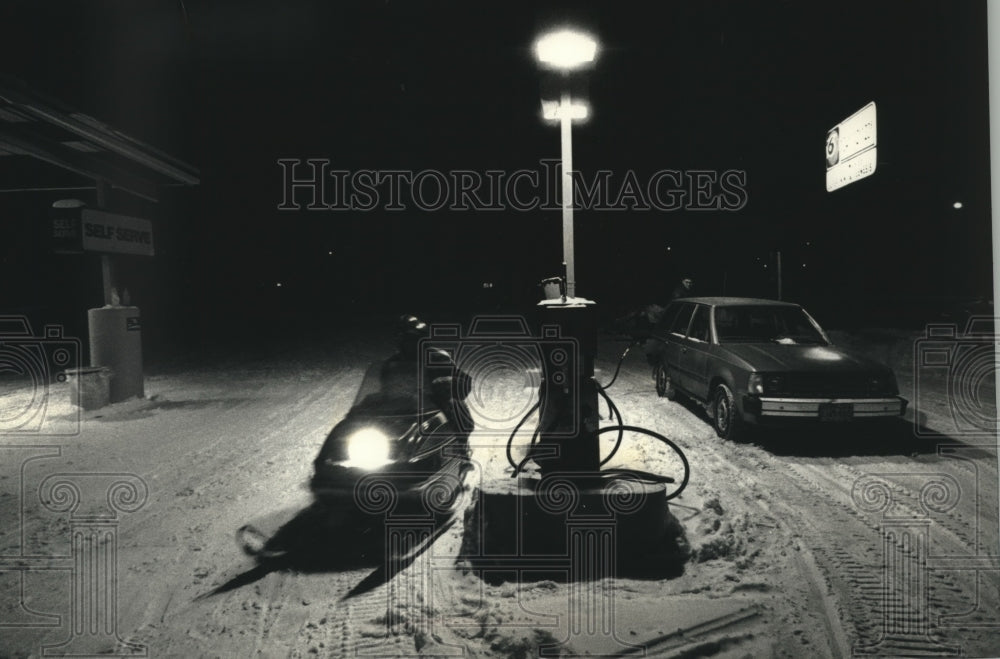 1993 Dave Jorgensen, Michael Backhaus on snowmobile, Prairie Diner - Historic Images