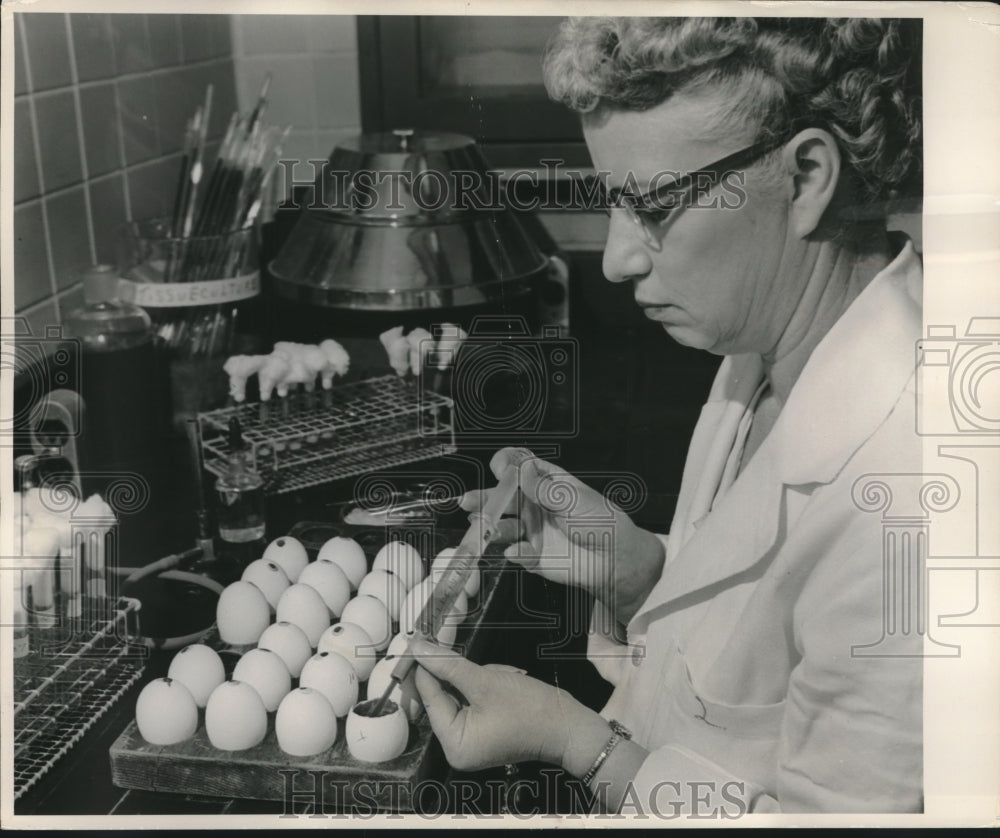 1955 Press Photo Mrs. Virginia Gill &quot;harvests&quot; embryonic fluid for flu vaccine - Historic Images