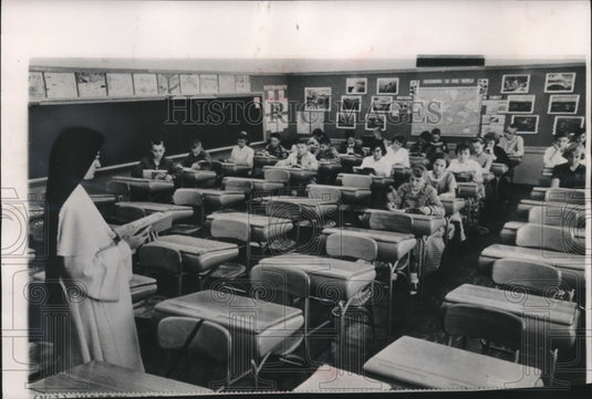 1957, Near empty classrooms at St. Bernard's School in Madison - Historic Images