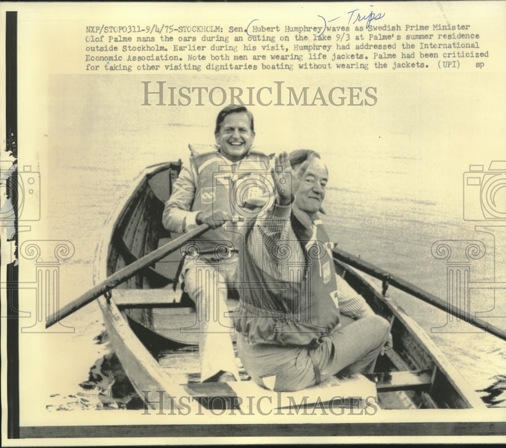 1975, Swedish Prime Minster Olof Palme, Sen. Hubert Humphrey boating - Historic Images