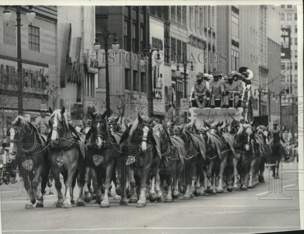 1973 Press Photo The Schlivz 40-horse hitch at opening day parade, Michigan. - Historic Images