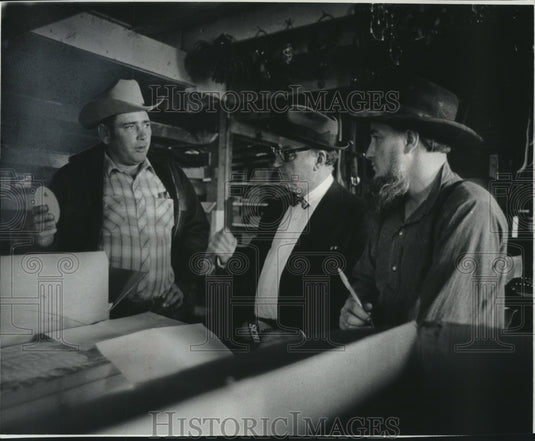 1972, Richard Sparrow, others talking, will drive horses, Wisconsin. - Historic Images