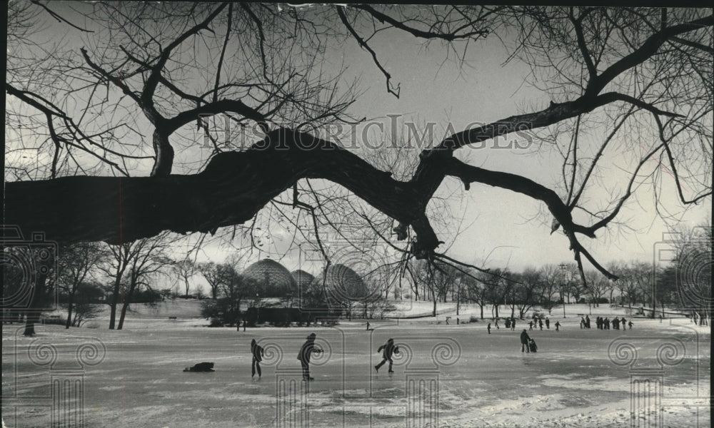 1987, Ice skaters on Mitchell Park lagoon in Milwaukee, Wisconsin - Historic Images
