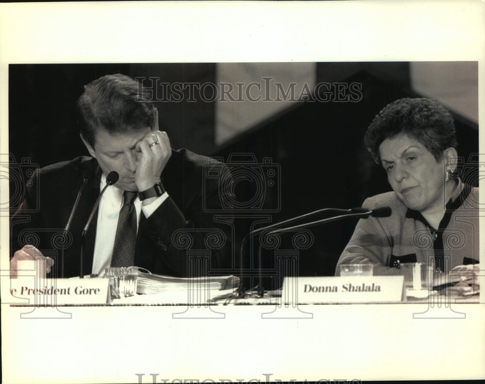 1993, Donna Shalala, Vice President Al Gore in congressional hearing - Historic Images