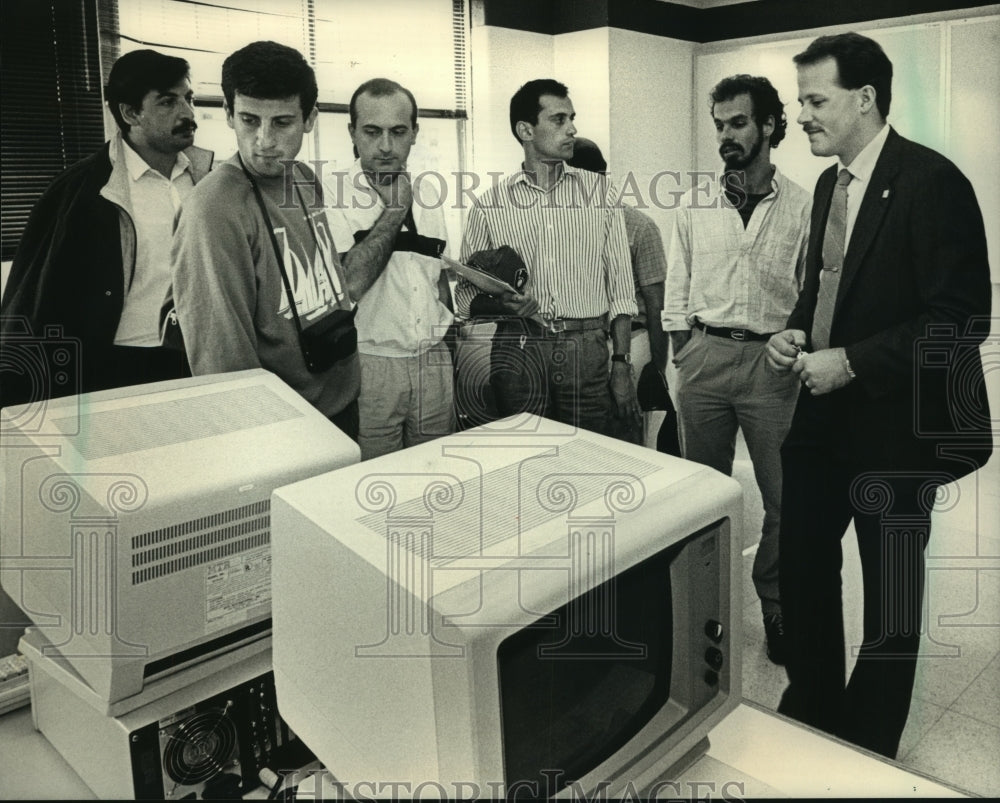 1988, Members of Soviet Union Tour Computer Room at Milwaukee School - Historic Images