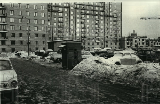 1965, Cars parked in snowy lot at apartment block, Moscow - mjc01537 - Historic Images