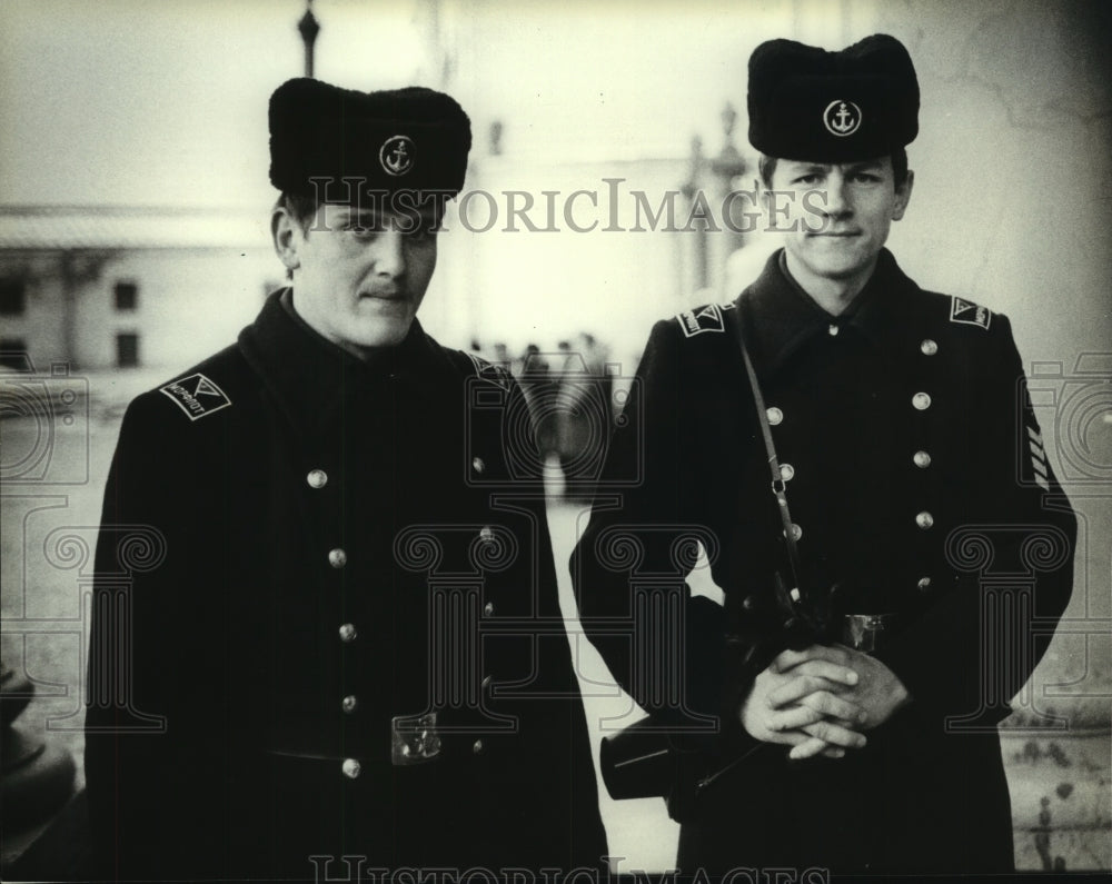 1983, Navy cadets on leave posed by a cathedral in Leningrad, USSR - Historic Images