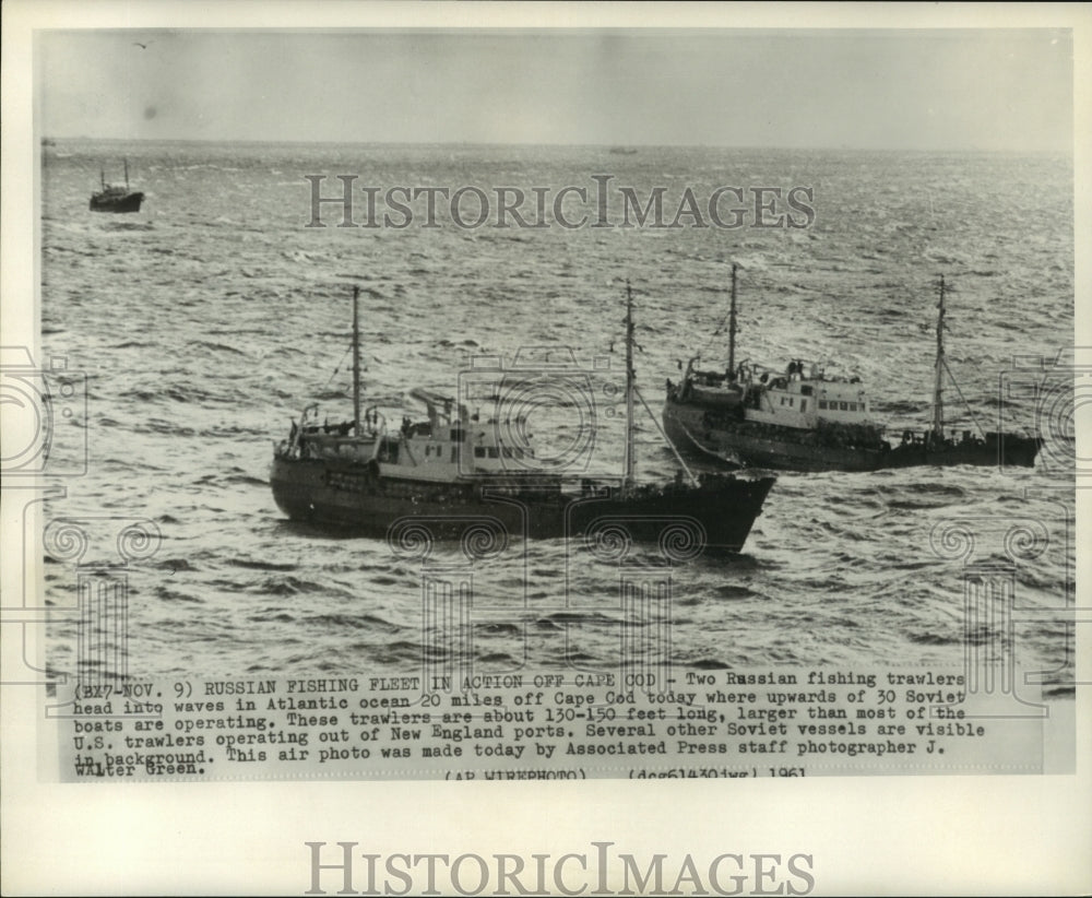 1961 Press Photo Two Russian Fishing Trawlers in Atlantic Ocean near Cape Cod - Historic Images