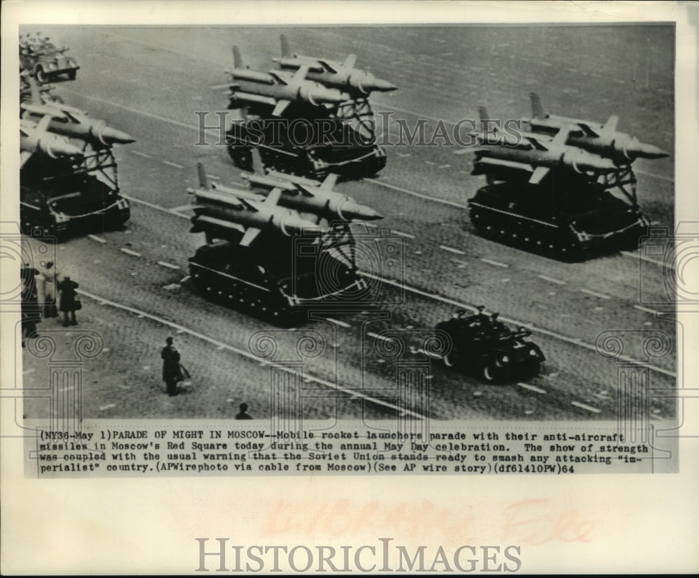 1964 Press Photo Soviet Union Rocket Launchers at May Day Parade, Moscow, Russia - Historic Images