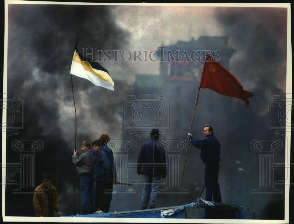 1994, Men and Boys hold up Soviet flag, Liberal Democratic Party flag - Historic Images