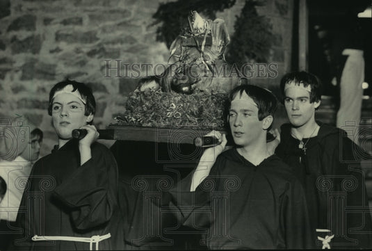 1984, St.John's Military Academy cadets during Boar's Head observance - Historic Images