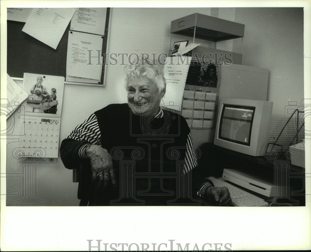 1995, Evelyn Siebrecht works on computer, Oconomowoc Area Sr Center - Historic Images