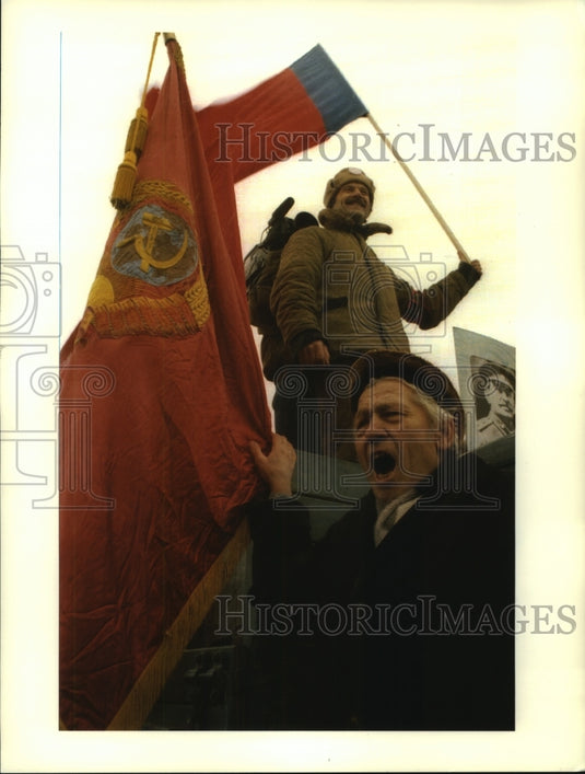 1991, Men Hold Former Soviet Flags During Demonstration in Moscow - Historic Images