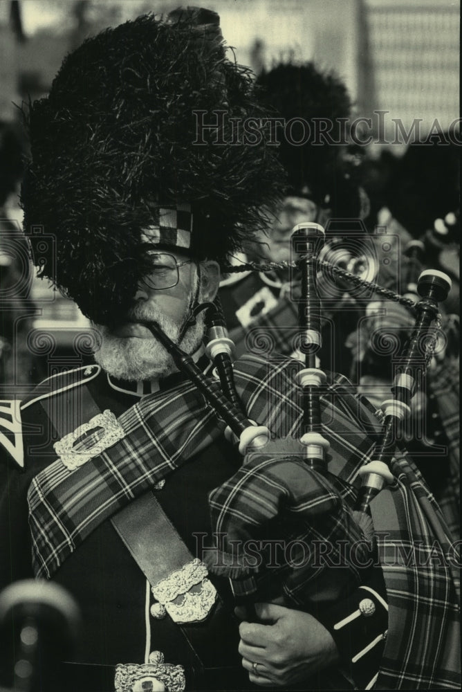 1985, Tripoli Highlanders bagpipe unit ST. Patricks Day Wisconsin - Historic Images
