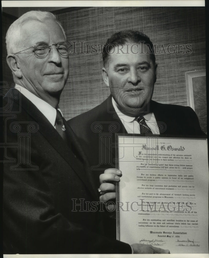 1956 Press Photo Russell Oswald receives Distinguished Service Award, Wisconsin - Historic Images