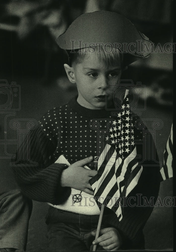 1988, Brian Bastian during Presidents' Day celebration in preschool - Historic Images