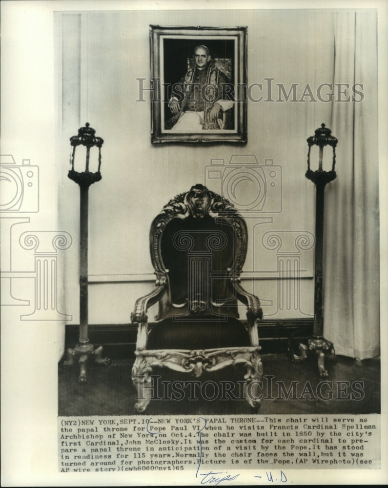 1965 Press Photo Papal throne chair for Pope Paul VI when he visits, New York. - Historic Images