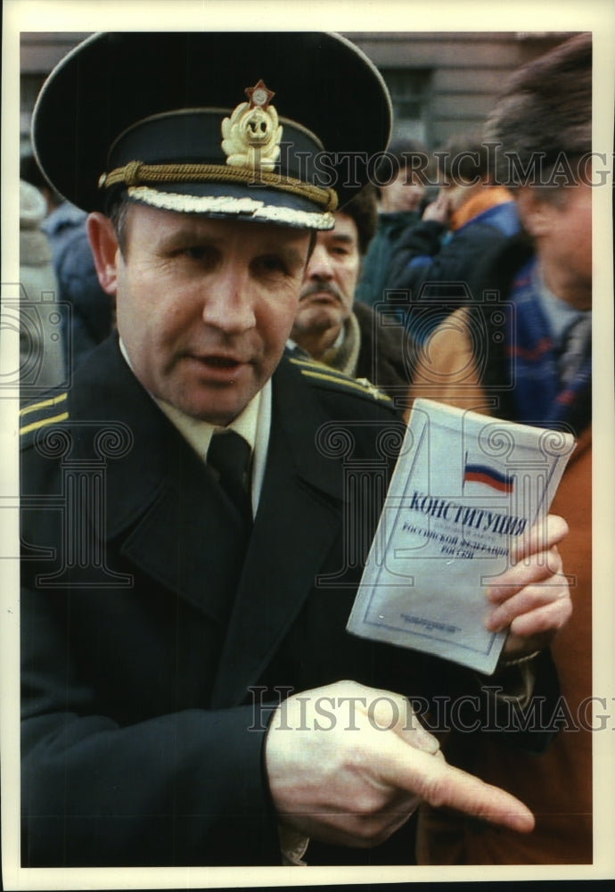 1993, Russian Naval Officer Angrily Holding Up Copy of Constitution - Historic Images