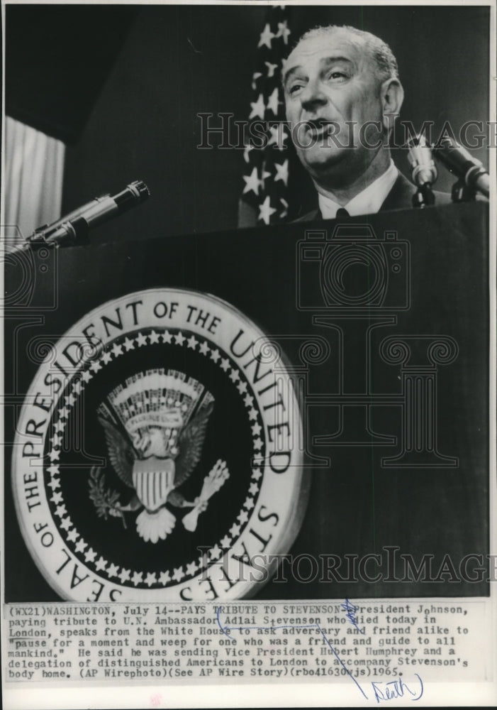 1965 Press Photo President Johnson pays tribute to Ambassador Adlai Stevenson-Historic Images