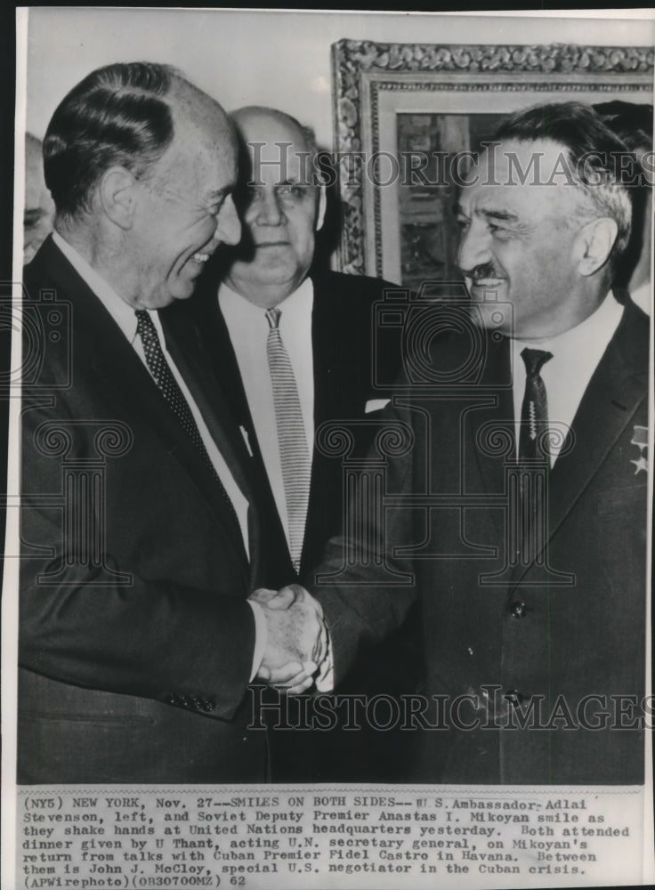 1962 Press Photo Adlai Stevenson, Anastas I.Mikoyan &amp; John J.McCloy, in New York - Historic Images