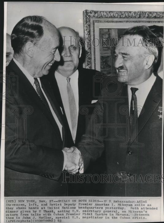 1962 Press Photo Adlai Stevenson, Anastas I.Mikoyan & John J.McCloy, in New York - Historic Images
