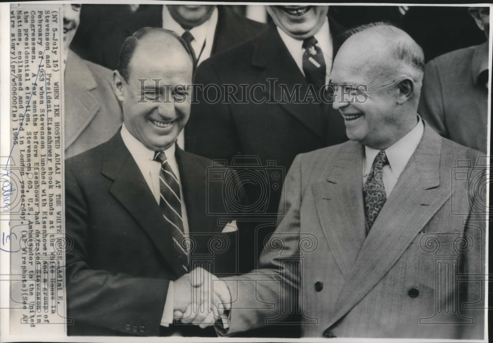 1953 Press Photo Dwight D. Eisenhower and Adlai Stevenson at the White House - Historic Images
