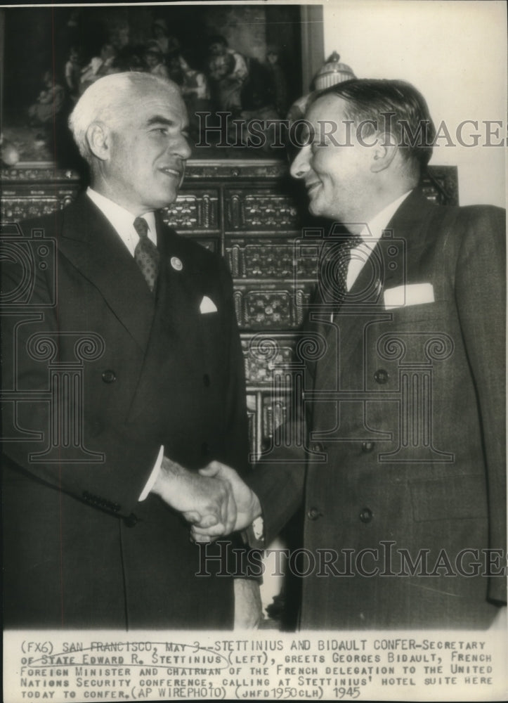1945, Edward Stettinius, Georges Bidault, at conference, California. - Historic Images