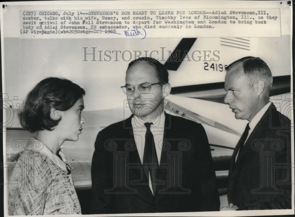 1965, Adlai Stevenson, wife, Nancy, cousin Timothy, talk at airport - Historic Images