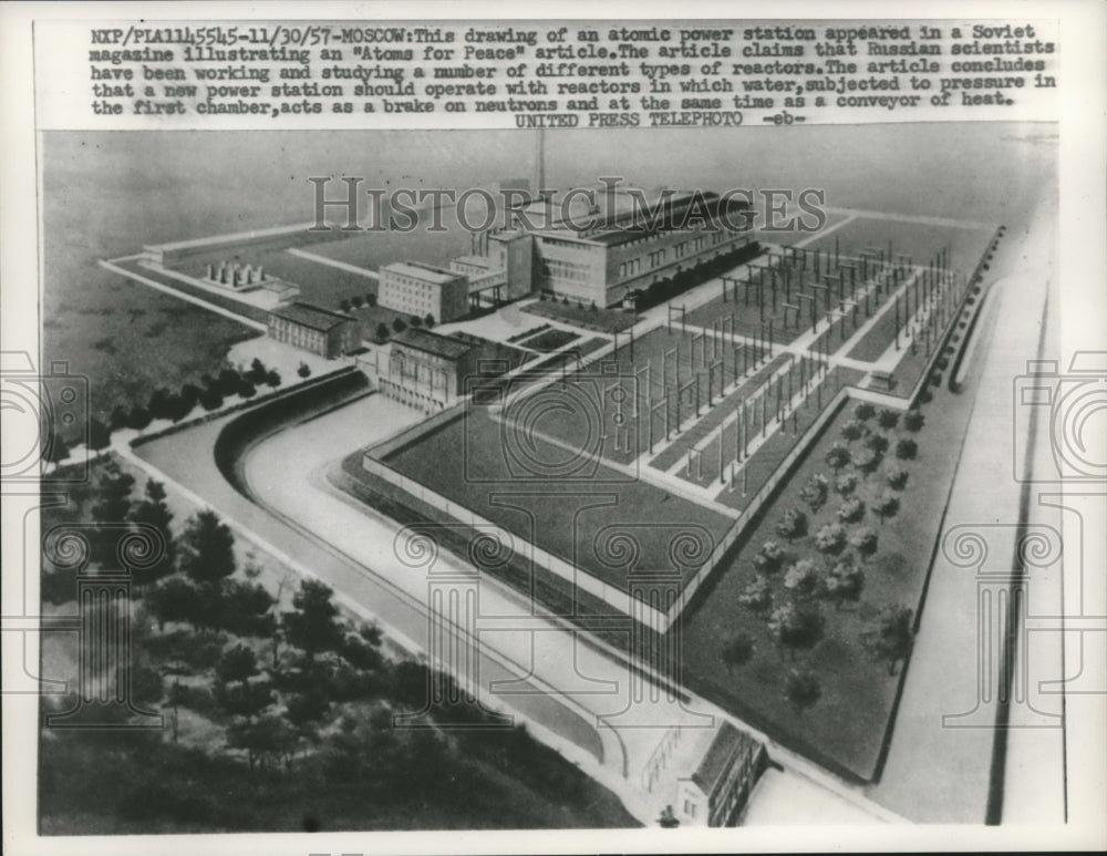 1957 Press Photo Drawing of Atomic Power Station in Soviet Magazine - mjc03121 - Historic Images