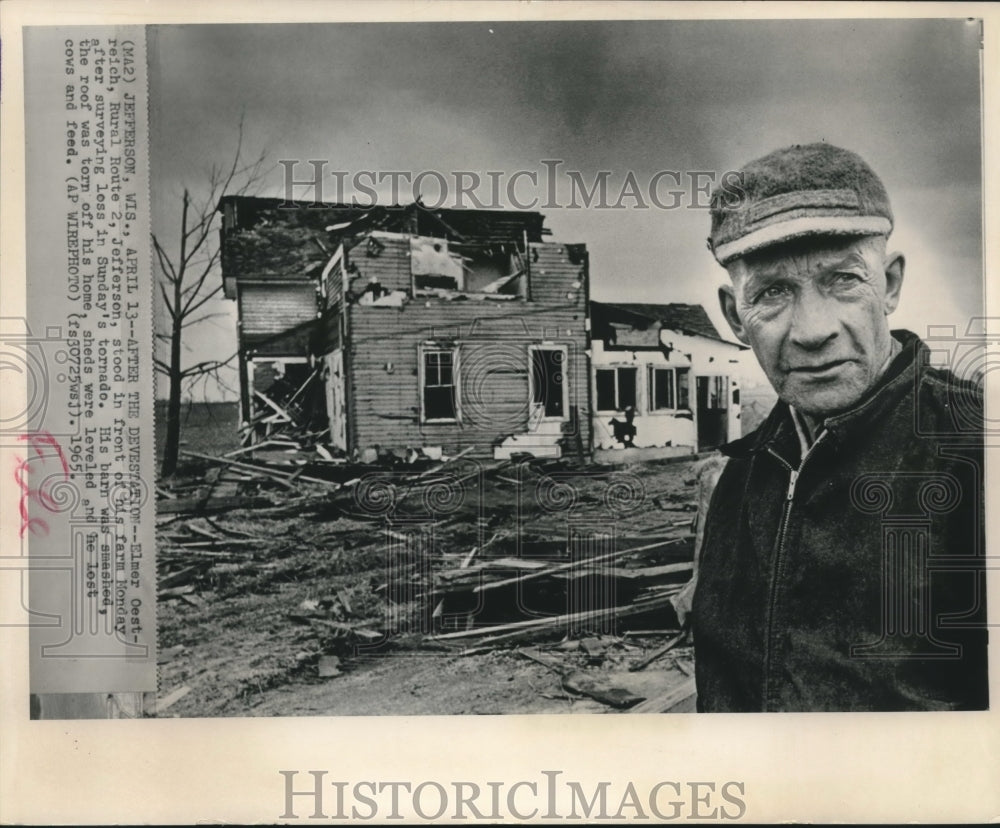 1965, Elmer Oestreich Stands in Front of Wisconsin Farm After Tornado - Historic Images