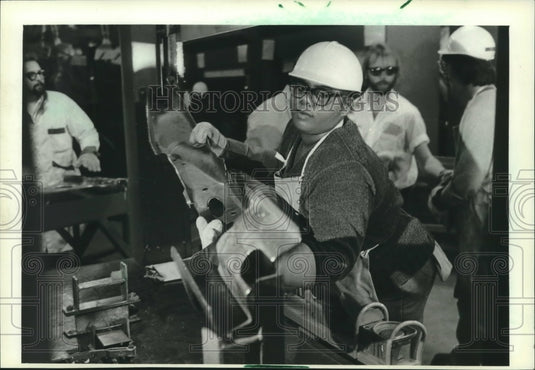 1983, Dyane Adams training for a job at A.O. Smith Corporation - Historic Images