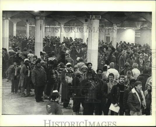 1983, Applicants for jobs at AO Smith in line at Family Living Center - Historic Images
