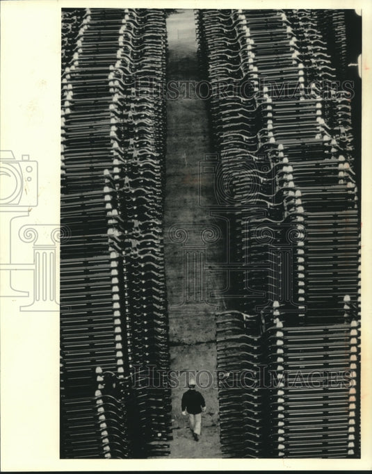 1987 Stacked vehicle frames at A.O. Smith Corporation in Milwaukee - Historic Images