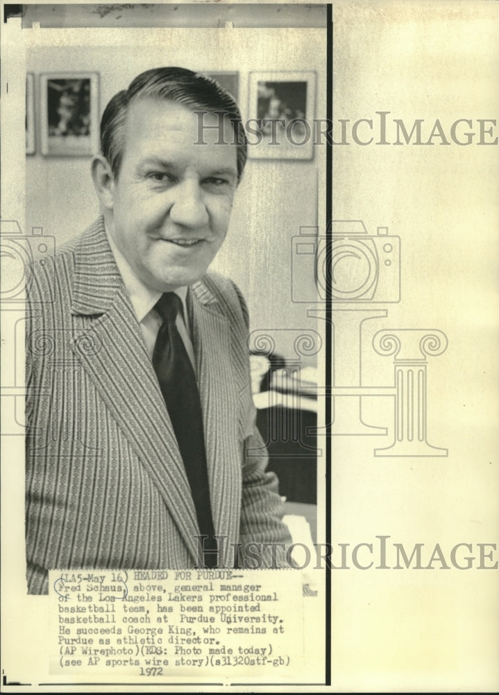 1972 Press Photo Fred Schaus, L. A. Lakers General Manager, new Purdue coach - Historic Images