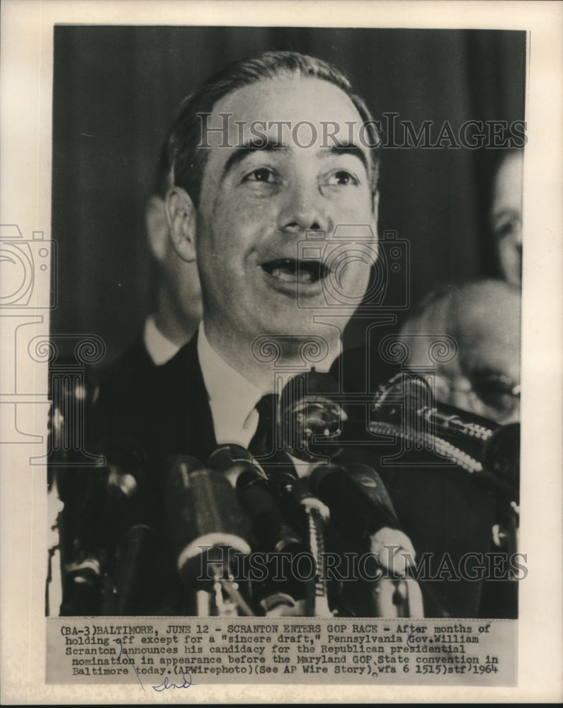 1964 Press Photo Governor William Scranton announces candidacy in Maryland - Historic Images