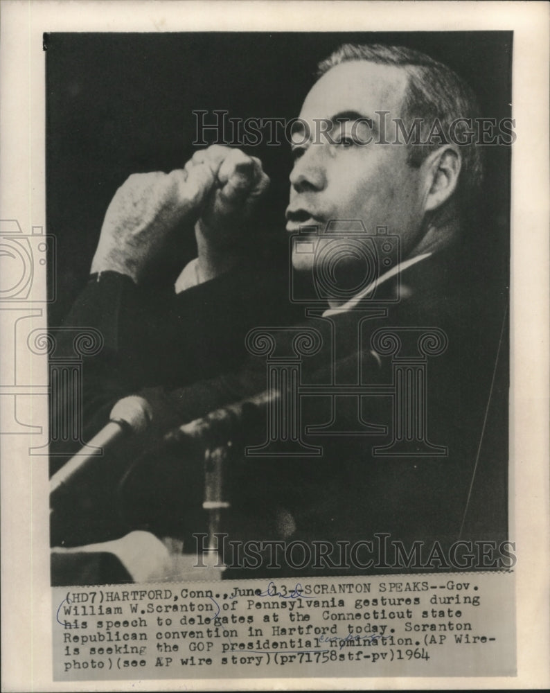 1964, Governor William Scranton gestures during speech in Connecticut - Historic Images